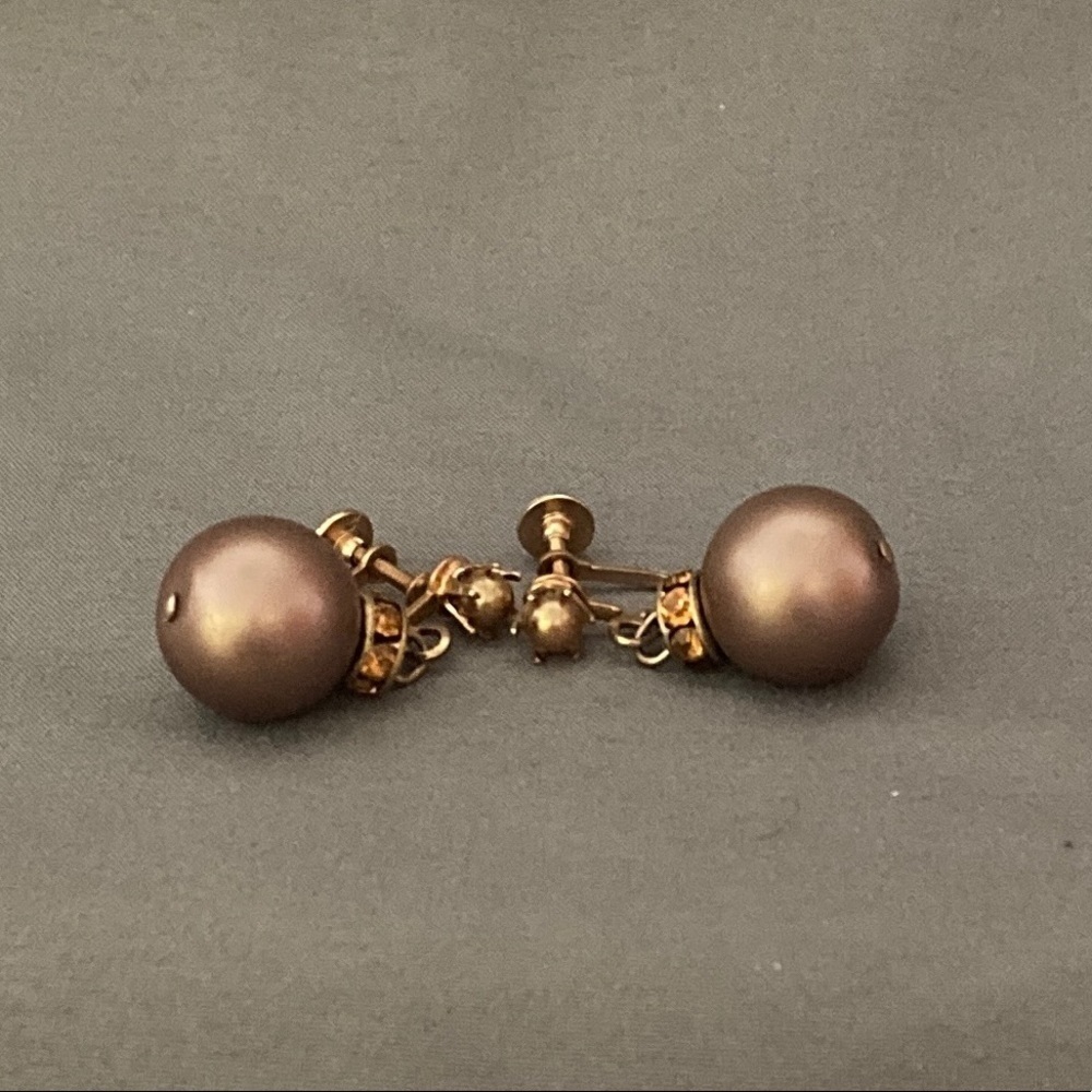 Vintage Triad earrings screw back brown faux brown pearls topaz coloured stones